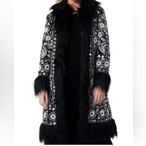 Talisman Embellished Coachella Boho Coat w/ Faux Fur Trim, Size Extra Large